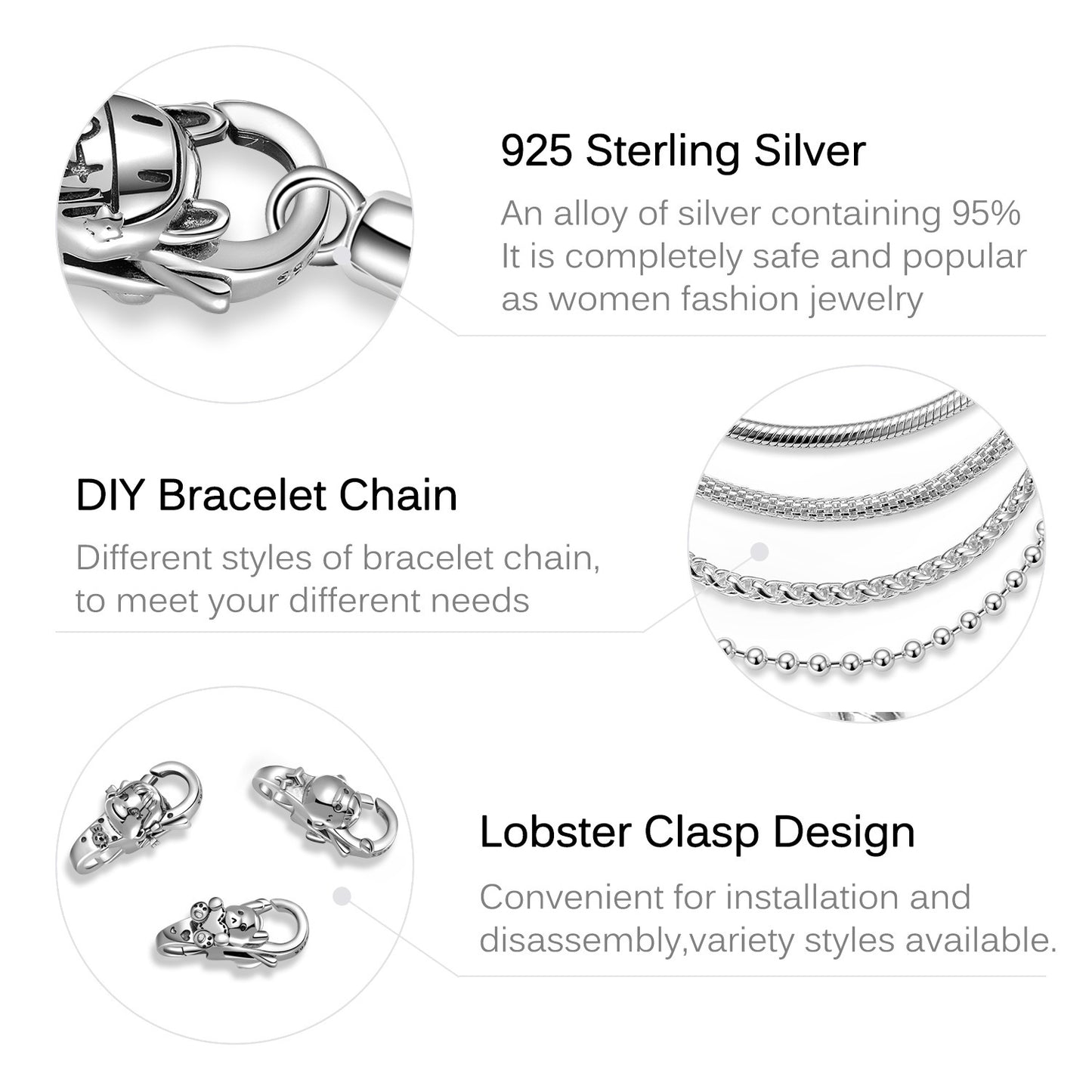 S925 Sterling Silver Plain Silver Cute Fortune Cat Lobster Buckle Accessories DIY Bracelet Buckle