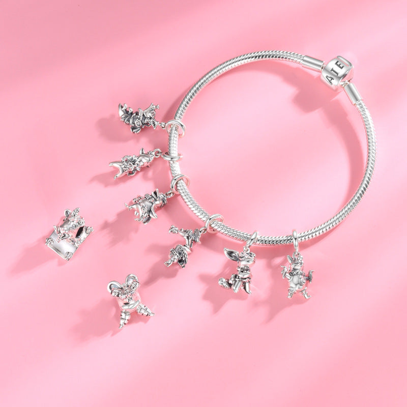 Plain Silver Adventure Animal Rabbit Shark Pelican Beaded Pendant S925 Sterling Silver Girl Bracelet Diy Accessories