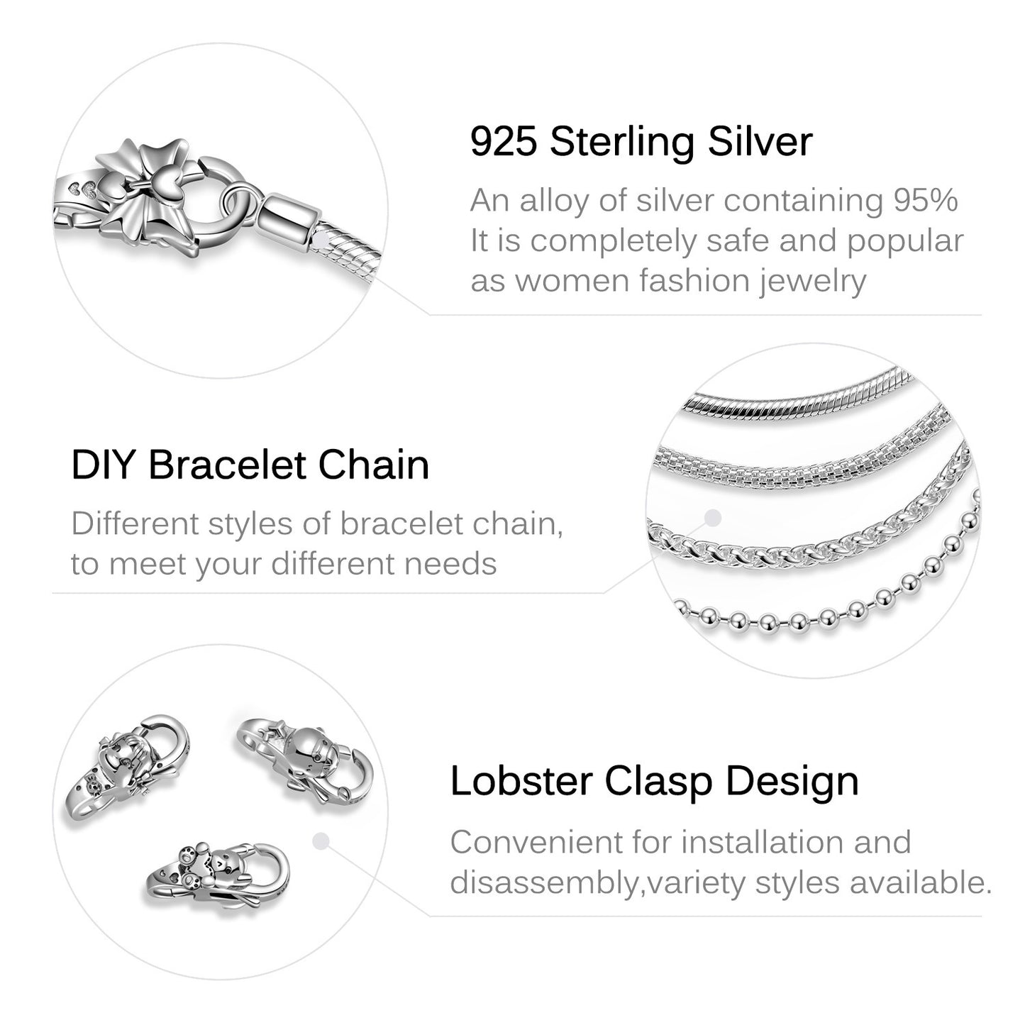 S925 Sterling Silver Sterling Silver Love Big Bow Lobster Buckle Accessories DIY Bracelet Buckle