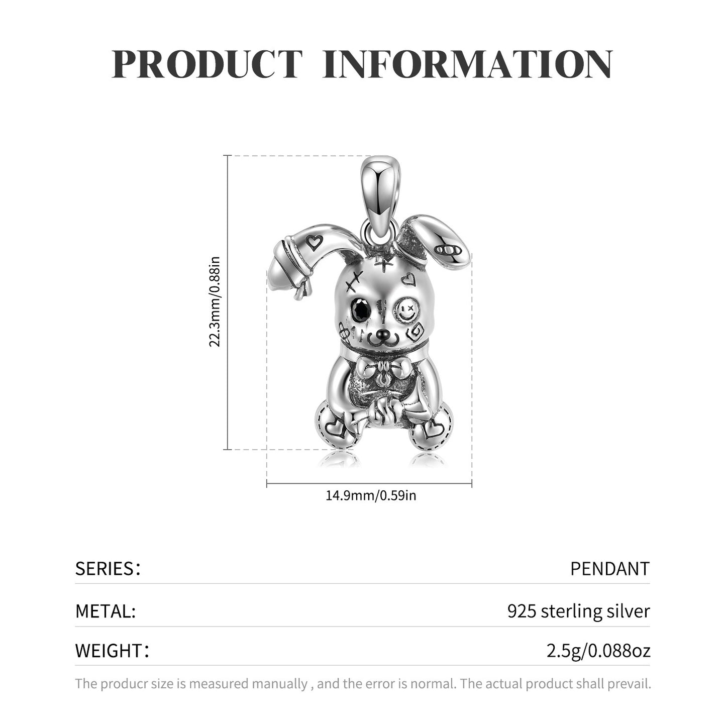 Creative Violence Doll Rabbit Pendant Necklace S925 Sterling Silver Sterling Silver Personality Unisex Wind Collar Chain